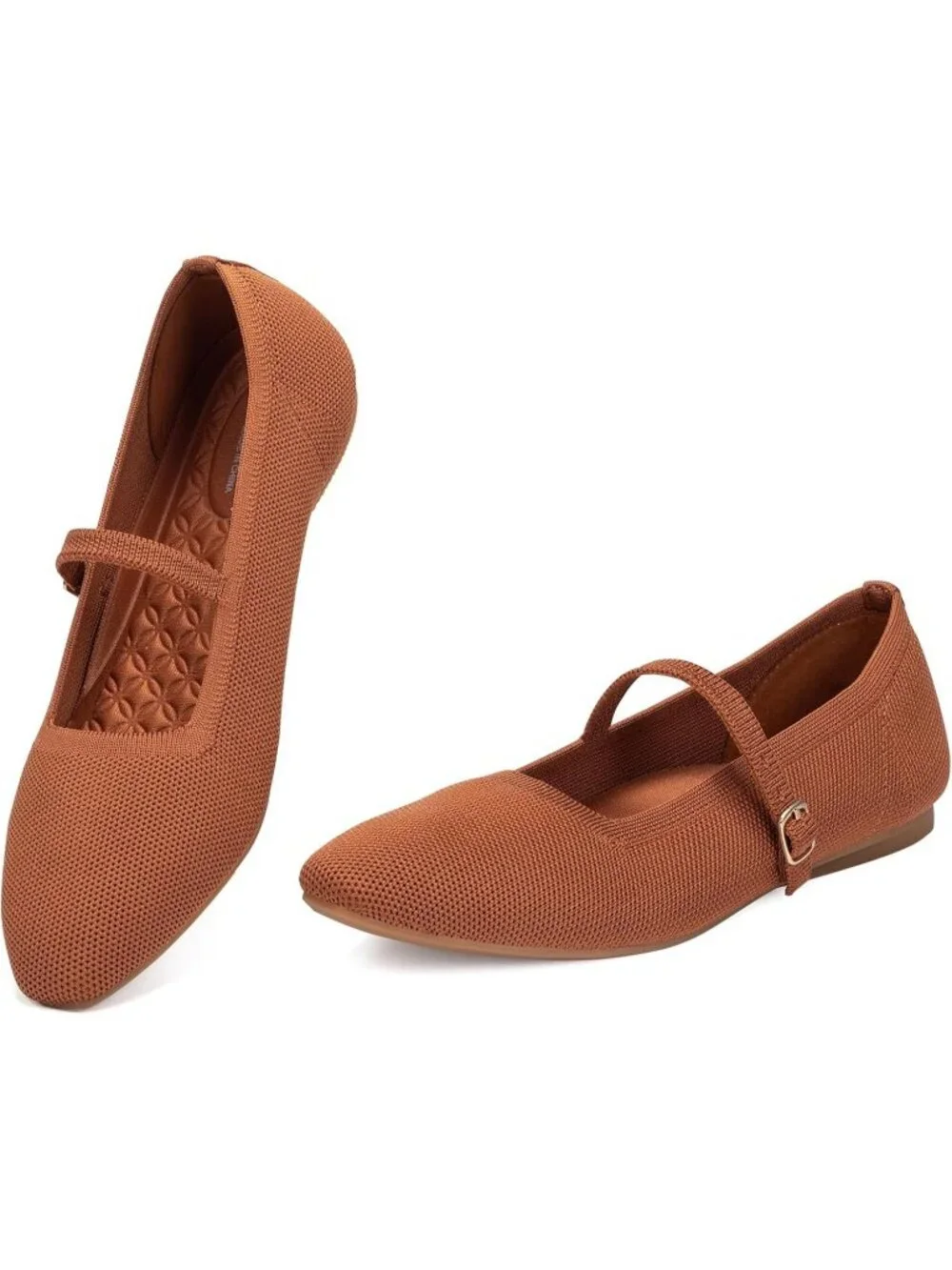 Women's Orange Rubber Knit Square Toe Ballet Flats With Strap Comfortable Shoes